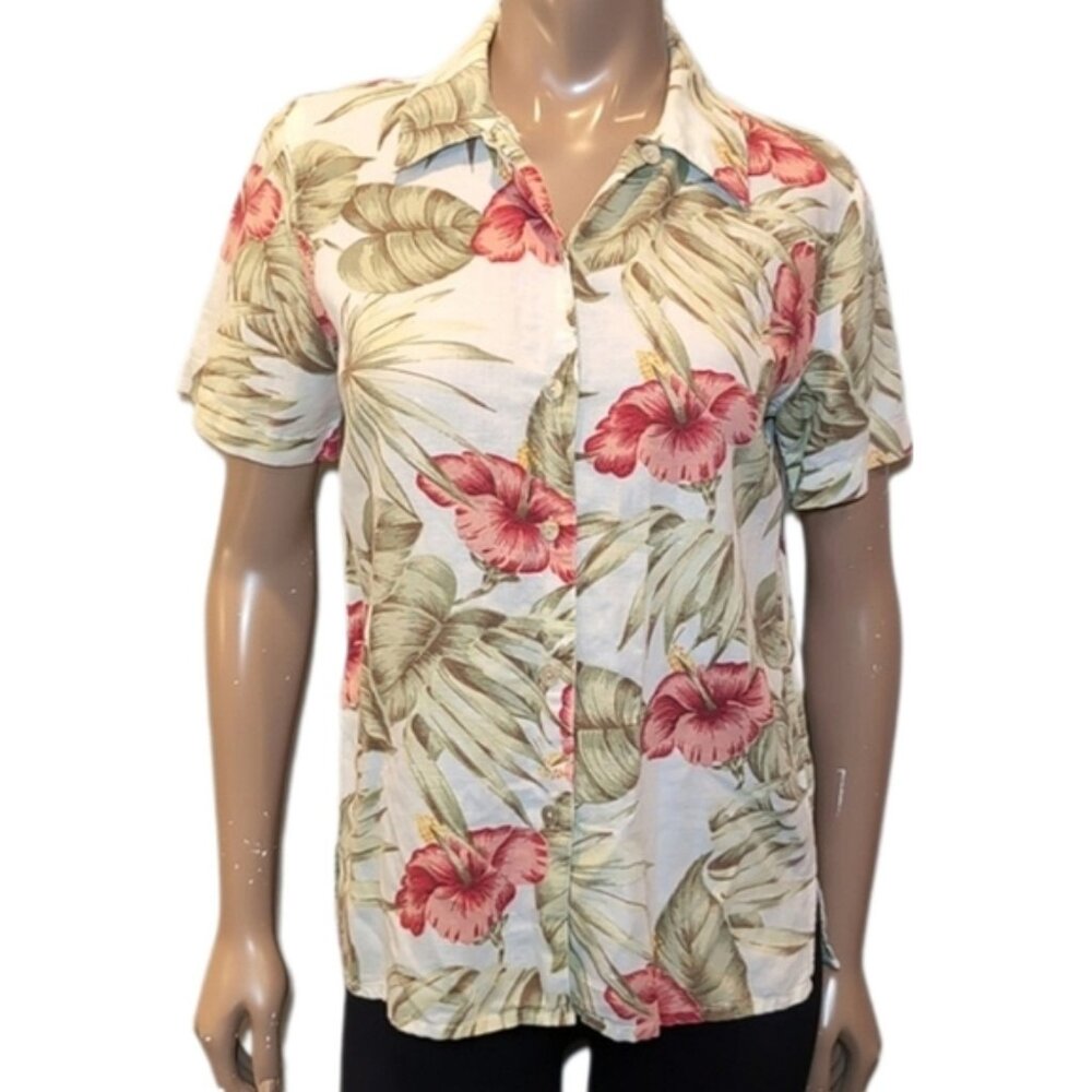 Vintage Lemon Grass Hawaiian Shirt Linen Cotton Short Sleeve Top Size Small